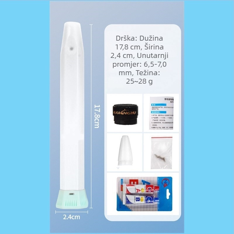 Badminton palica: stražnji poklop od najlonskih vlakana s tlom udarce za zamjenu drvene ručke; AB ljepilo za popravak ručke; okvir od vlaknastog stakla; težina 85–89 g; debljina ručke G5; mogućnost tiskanja logotipa