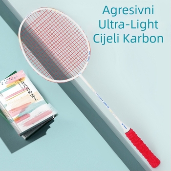 Raketa za badminton s karbonskim okvirom, najlon strune, 4U/5U ultralakof ofenzivni model, težina 80-84 g, logotip otisnut
