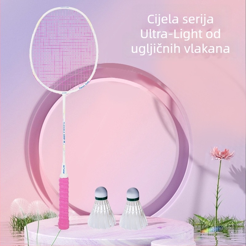Raketa za badminton s karbonskim okvirom, najlon strune, 4U/5U ultralakof ofenzivni model, težina 80-84 g, logotip otisnut