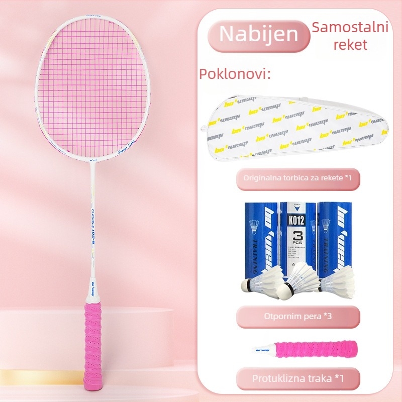 Raketa za badminton s karbonskim okvirom, najlon strune, 4U/5U ultralakof ofenzivni model, težina 80-84 g, logotip otisnut