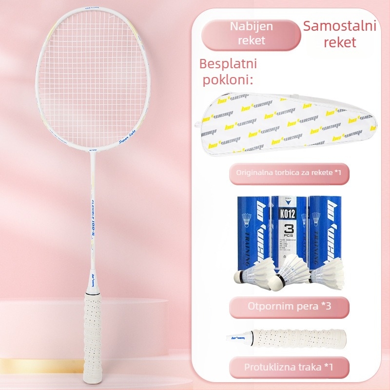 Raketa za badminton s karbonskim okvirom, najlon strune, 4U/5U ultralakof ofenzivni model, težina 80-84 g, logotip otisnut
