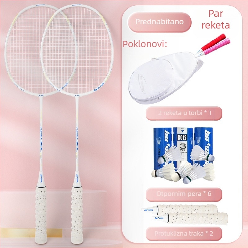 Raketa za badminton s karbonskim okvirom, najlon strune, 4U/5U ultralakof ofenzivni model, težina 80-84 g, logotip otisnut