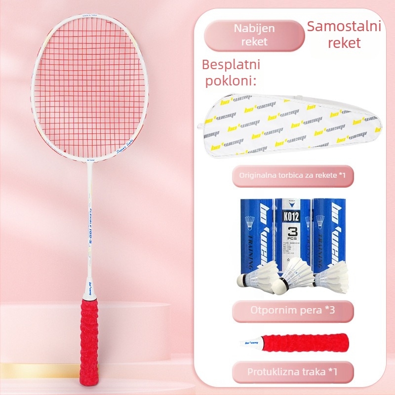 Raketa za badminton s karbonskim okvirom, najlon strune, 4U/5U ultralakof ofenzivni model, težina 80-84 g, logotip otisnut