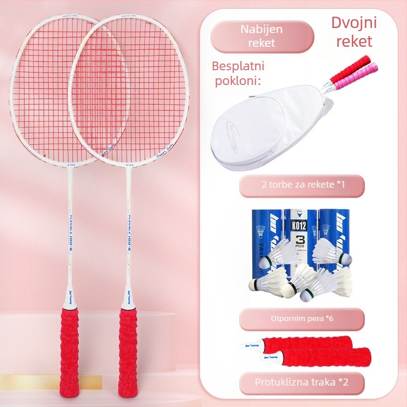 Raketa za badminton s karbonskim okvirom, najlon strune, 4U/5U ultralakof ofenzivni model, težina 80-84 g, logotip otisnut