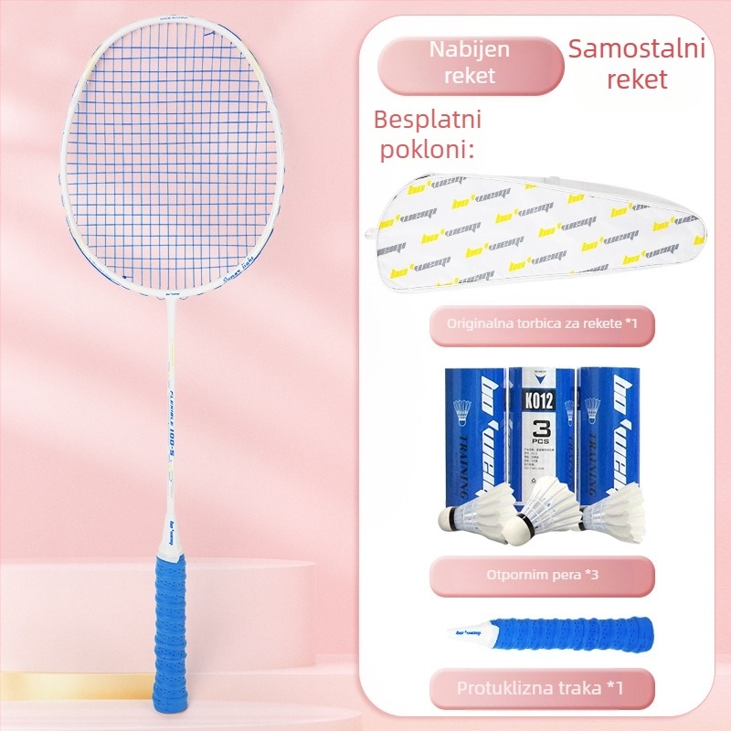 Raketa za badminton s karbonskim okvirom, najlon strune, 4U/5U ultralakof ofenzivni model, težina 80-84 g, logotip otisnut