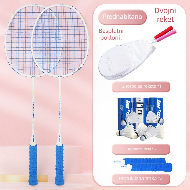 Raketa za badminton s karbonskim okvirom, najlon strune, 4U/5U ultralakof ofenzivni model, težina 80-84 g, logotip otisnut