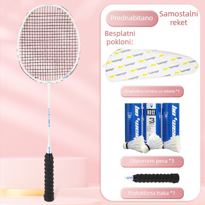 Raketa za badminton s karbonskim okvirom, najlon strune, 4U/5U ultralakof ofenzivni model, težina 80-84 g, logotip otisnut