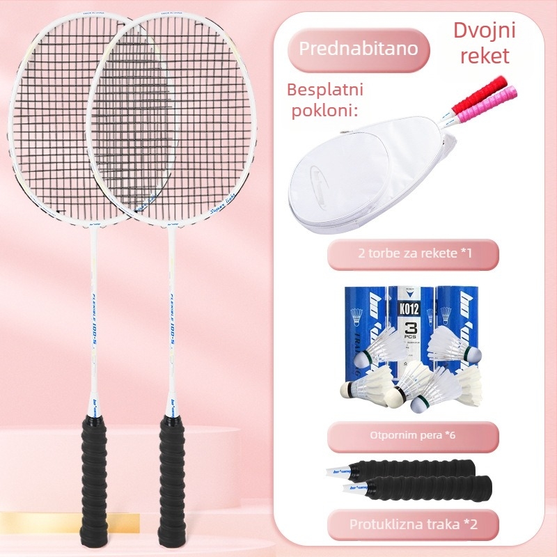 Raketa za badminton s karbonskim okvirom, najlon strune, 4U/5U ultralakof ofenzivni model, težina 80-84 g, logotip otisnut
