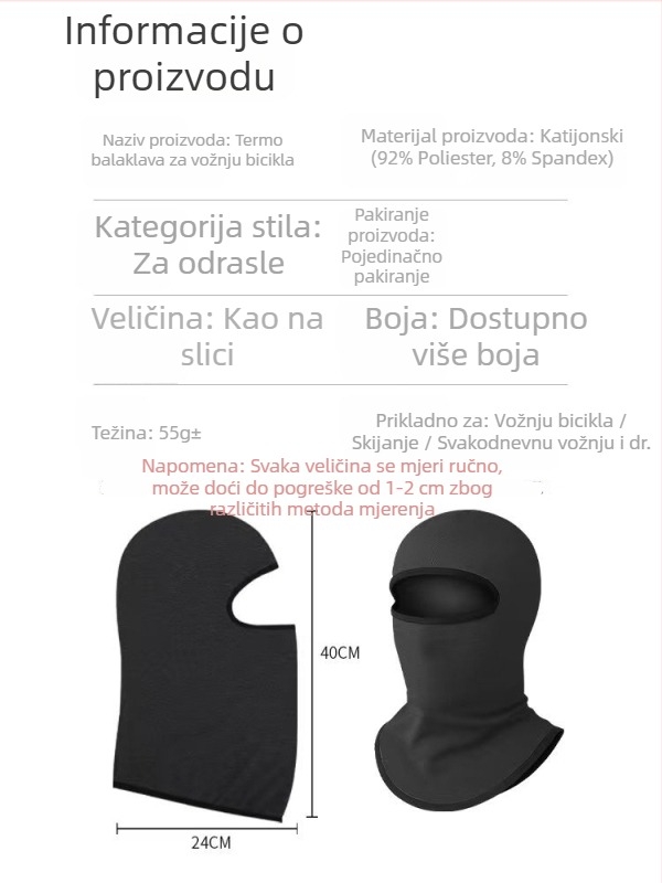 Cjelovita maska za vožnju biciklom u jesen-zimu, kapuljača i vrat u jednom, poliester, za odrasle, stil: vježbanje, namjena: biciklizam, mogućnost prilagođavanja, Makino fox