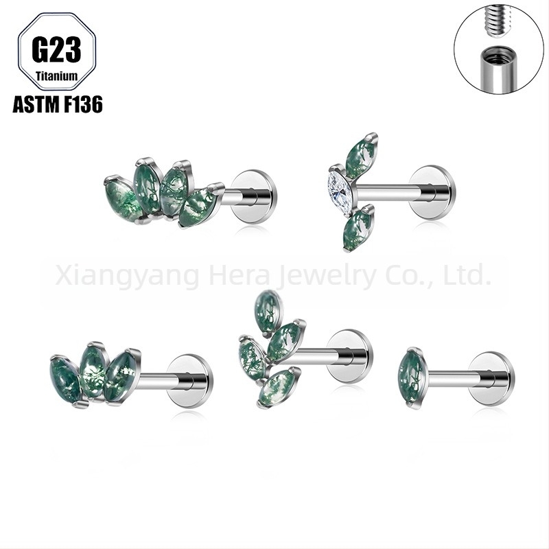 Titanijeva legura, Moss agat kamen, oblik konjskog oka, nosni prsten i set naznih piercing nakita implant-grade