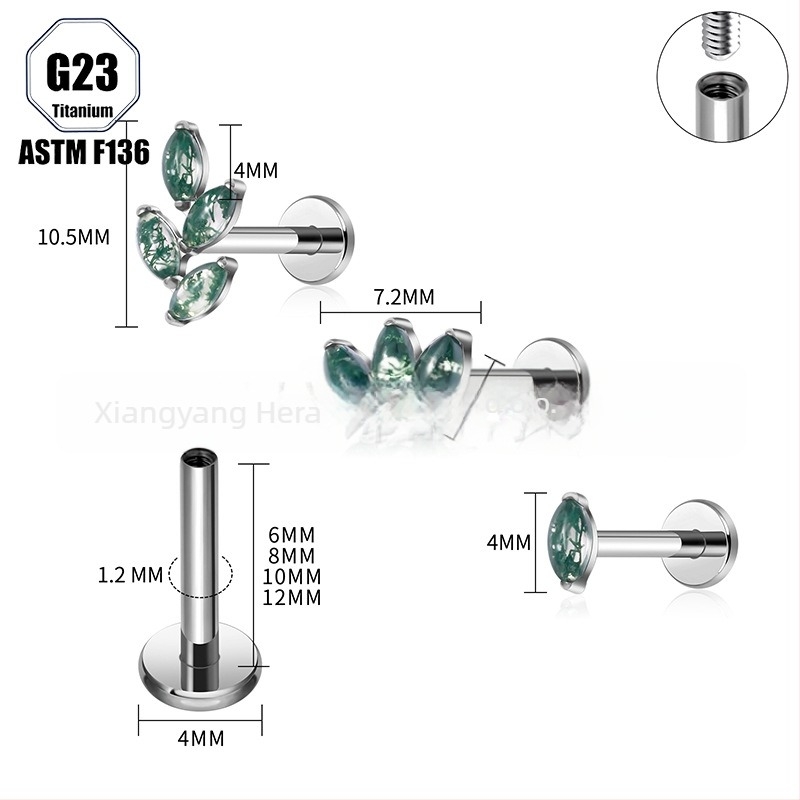 Titanijeva legura, Moss agat kamen, oblik konjskog oka, nosni prsten i set naznih piercing nakita implant-grade