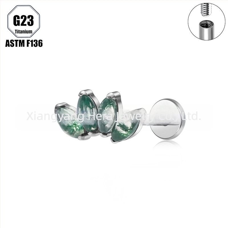 Titanijeva legura, Moss agat kamen, oblik konjskog oka, nosni prsten i set naznih piercing nakita implant-grade