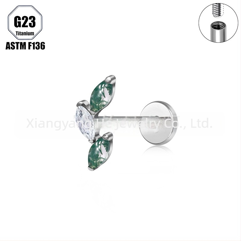 Titanijeva legura, Moss agat kamen, oblik konjskog oka, nosni prsten i set naznih piercing nakita implant-grade