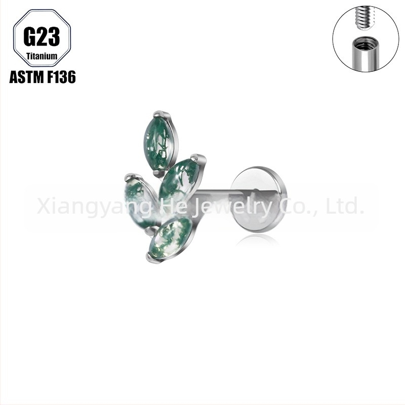 Titanijeva legura, Moss agat kamen, oblik konjskog oka, nosni prsten i set naznih piercing nakita implant-grade