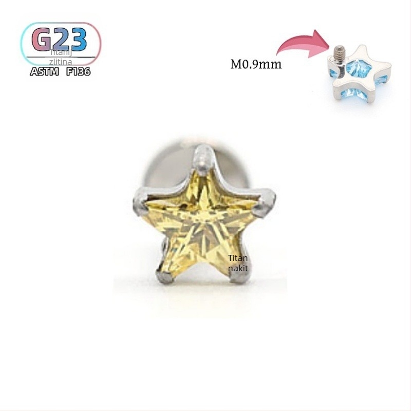 Piercing od titanijeve legure u obliku zvjezdice sa cirkonom, vanjski navoj, G23, unisex, prilagodljivo, serija Princeza