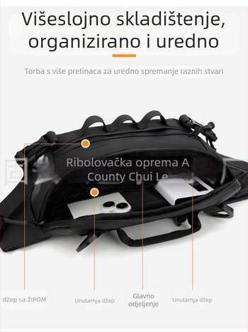 Pojasna torba za ribolov, vodootporna, višefunkcionalna s pretincima za mamce, ribolovnu liniju i opremu — materijal: najlon