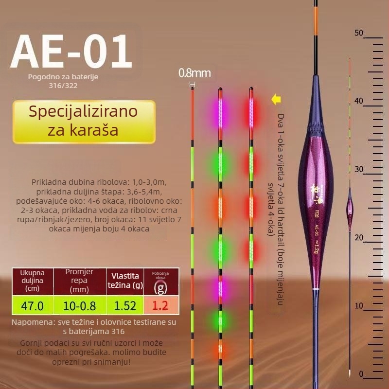 LED osvijetljeni elektronički plutač s indikatorom zabačaja i promjenom boje, 316 baterija, visoka osjetljivost za ribolov šarana