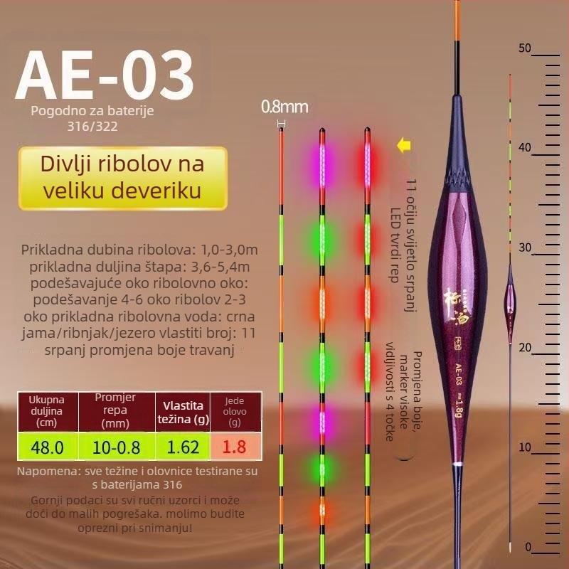 LED osvijetljeni elektronički plutač s indikatorom zabačaja i promjenom boje, 316 baterija, visoka osjetljivost za ribolov šarana