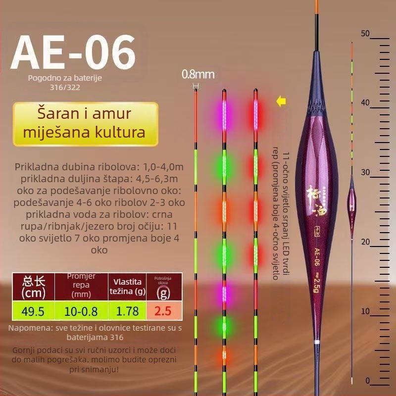 LED osvijetljeni elektronički plutač s indikatorom zabačaja i promjenom boje, 316 baterija, visoka osjetljivost za ribolov šarana