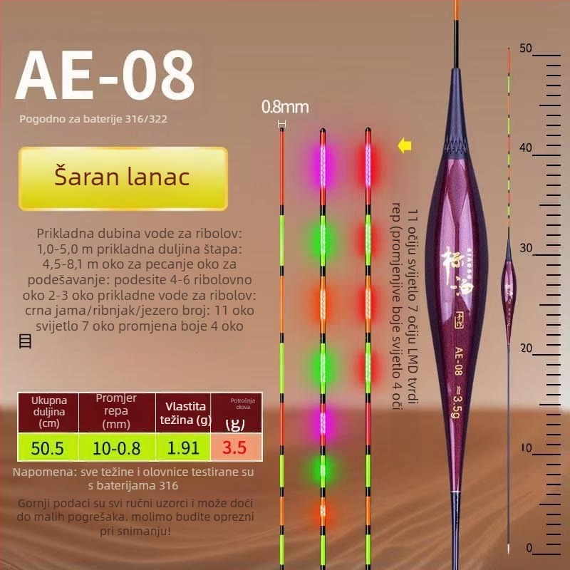 LED osvijetljeni elektronički plutač s indikatorom zabačaja i promjenom boje, 316 baterija, visoka osjetljivost za ribolov šarana