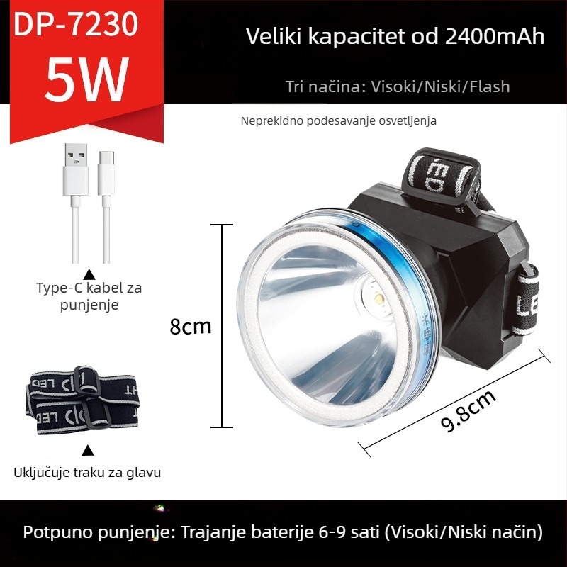 LED punjiva čelna svjetiljka za vanjsku upotrebu – domet 100–200 m, trajanje osvjetljenja 5–9 h