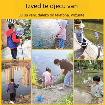 Dječja teleskopka mreža za ribolov s štapom, od nehrđajućeg čelika, promjer mreže 25 cm, dubina mreže 22 cm, fino mrežasto, kompaktni komplet s torbom mreže