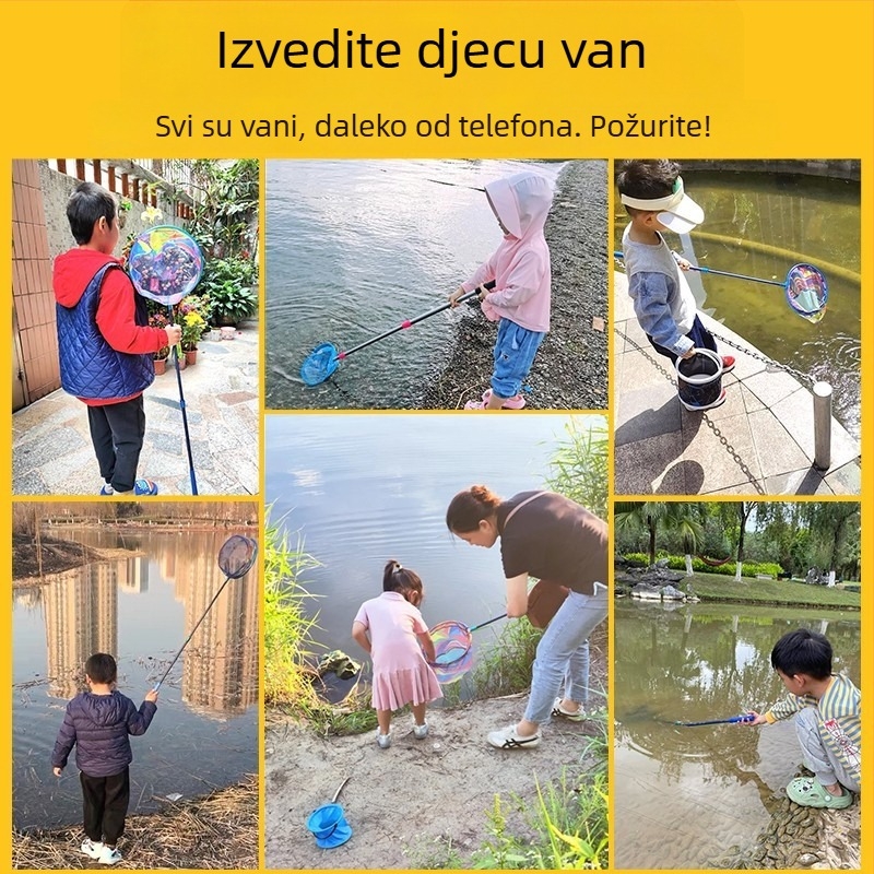 Dječja teleskopka mreža za ribolov s štapom, od nehrđajućeg čelika, promjer mreže 25 cm, dubina mreže 22 cm, fino mrežasto, kompaktni komplet s torbom mreže