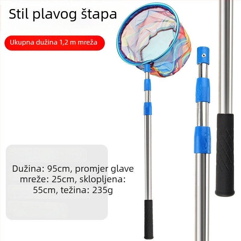 Dječja teleskopka mreža za ribolov s štapom, od nehrđajućeg čelika, promjer mreže 25 cm, dubina mreže 22 cm, fino mrežasto, kompaktni komplet s torbom mreže