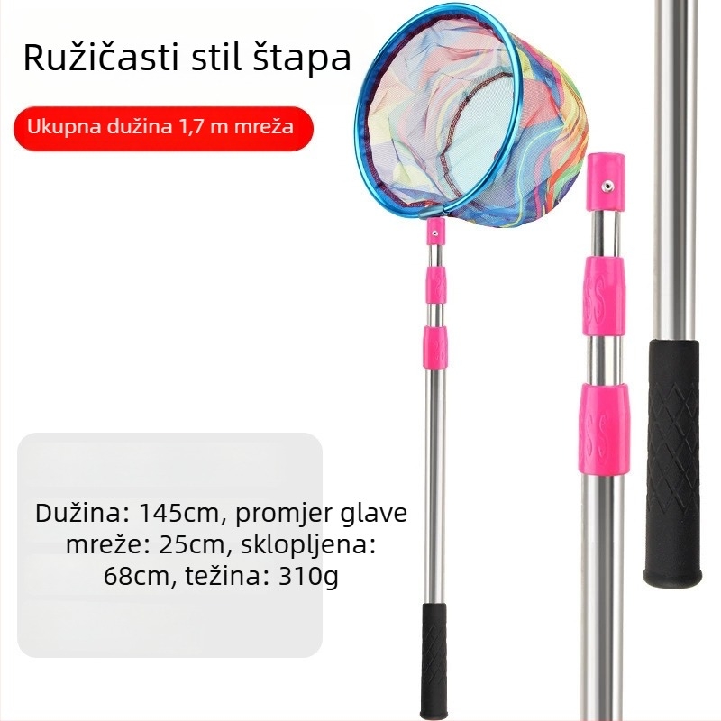 Dječja teleskopka mreža za ribolov s štapom, od nehrđajućeg čelika, promjer mreže 25 cm, dubina mreže 22 cm, fino mrežasto, kompaktni komplet s torbom mreže