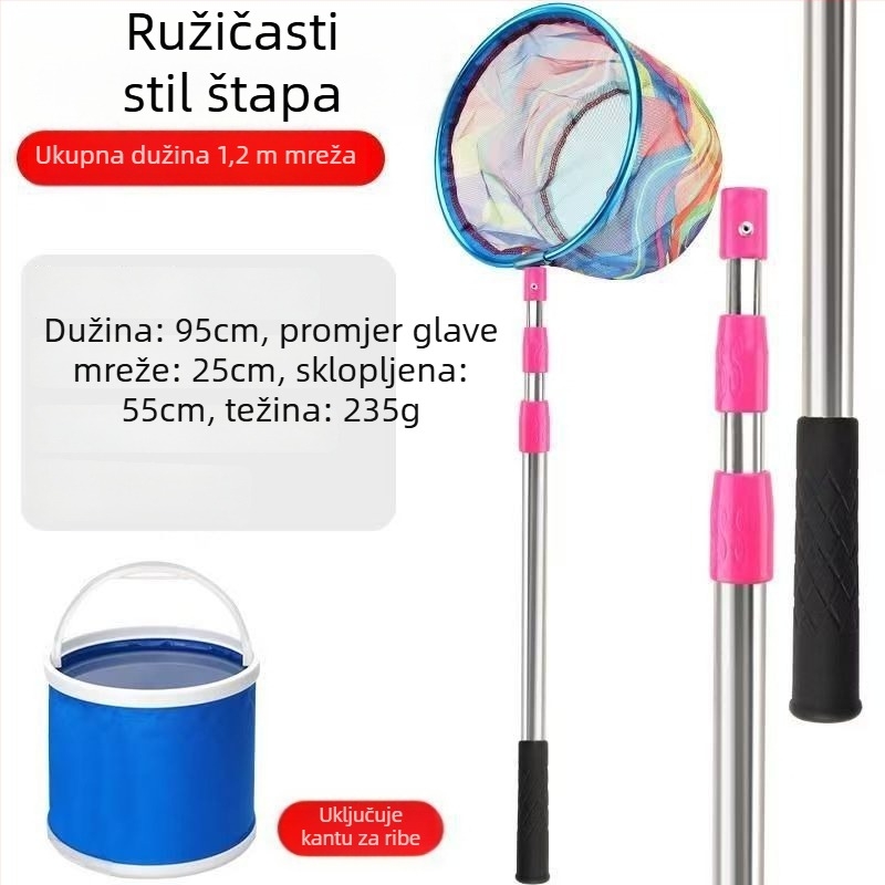 Dječja teleskopka mreža za ribolov s štapom, od nehrđajućeg čelika, promjer mreže 25 cm, dubina mreže 22 cm, fino mrežasto, kompaktni komplet s torbom mreže