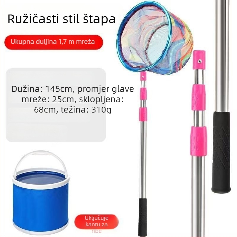 Dječja teleskopka mreža za ribolov s štapom, od nehrđajućeg čelika, promjer mreže 25 cm, dubina mreže 22 cm, fino mrežasto, kompaktni komplet s torbom mreže