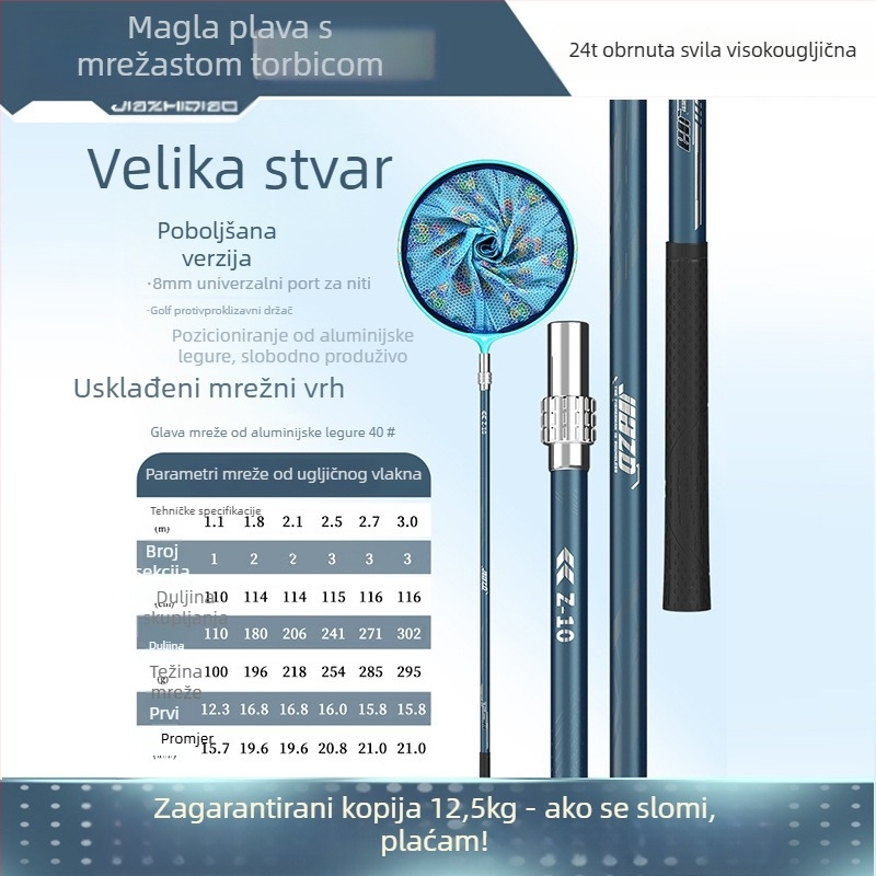 Karbonski štap za mrežu za ribolov s teleskopskom šipkom i glavom mreže – puni set, mreža tankog oka