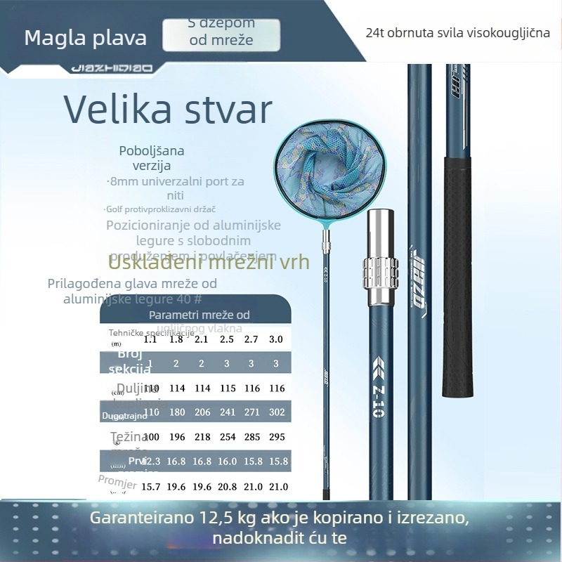 Karbonski štap za mrežu za ribolov s teleskopskom šipkom i glavom mreže – puni set, mreža tankog oka