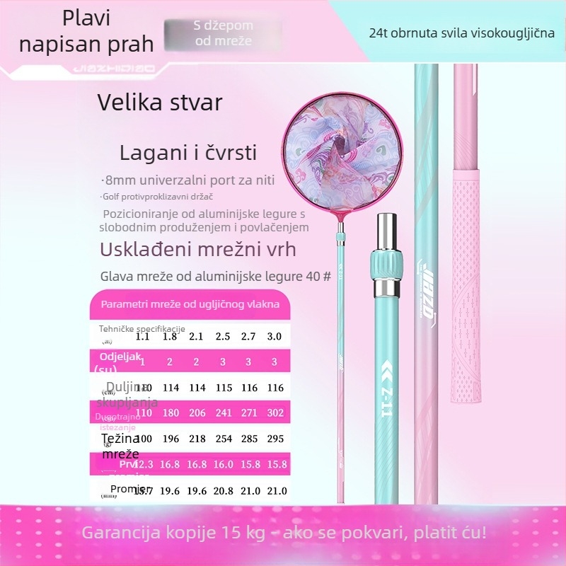 Karbonski štap za mrežu za ribolov s teleskopskom šipkom i glavom mreže – puni set, mreža tankog oka