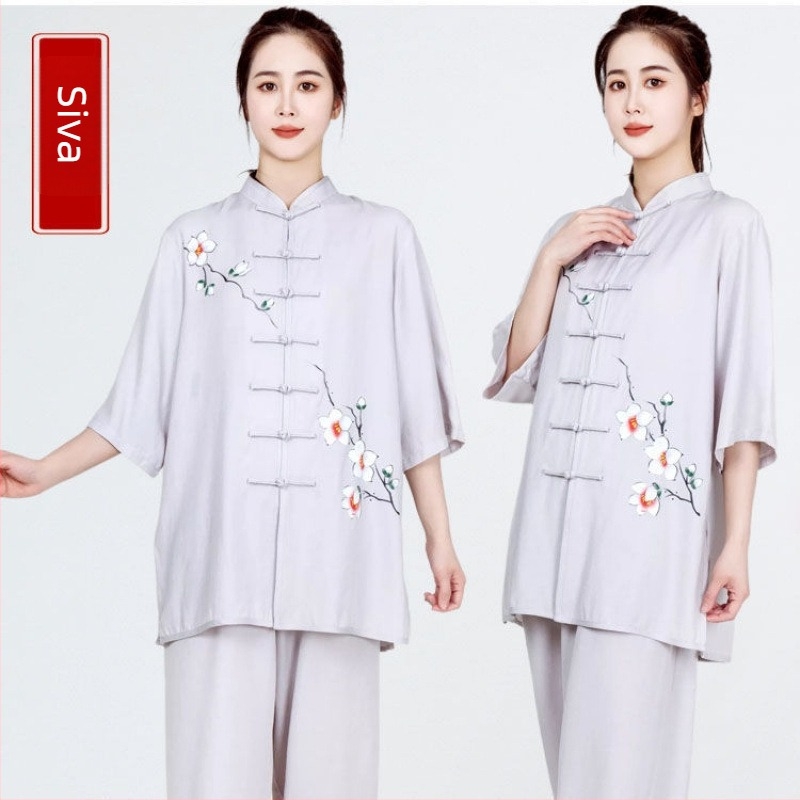 Ženski Tai Chi nastup odjeće, jednobojna pamukasta tkanina s poliesterom podstavom; sadržaj pamuka do 30%, podstava 71–80%; pogodno za širok spektar sportova.