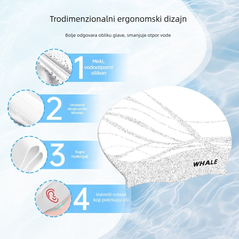 Whale silikonska kapa za plivanje – unisex za odrasle, otisak, za plivanje i vodene sportove