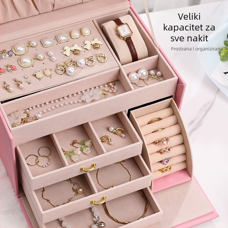Kožna kutija za nakit velike kapacitete, prijenosna, zaključavajuća, za prstenje, ogrlice i naušnice