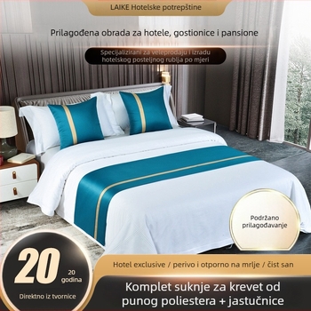 Poliesterski saten – svilenkasto mekan i skladno drapiran, umetci u bojama za hotele, gostinjice i B&B; posteljne ručnike uz nožni dio kreveta i dekorativne zastavice za krevet