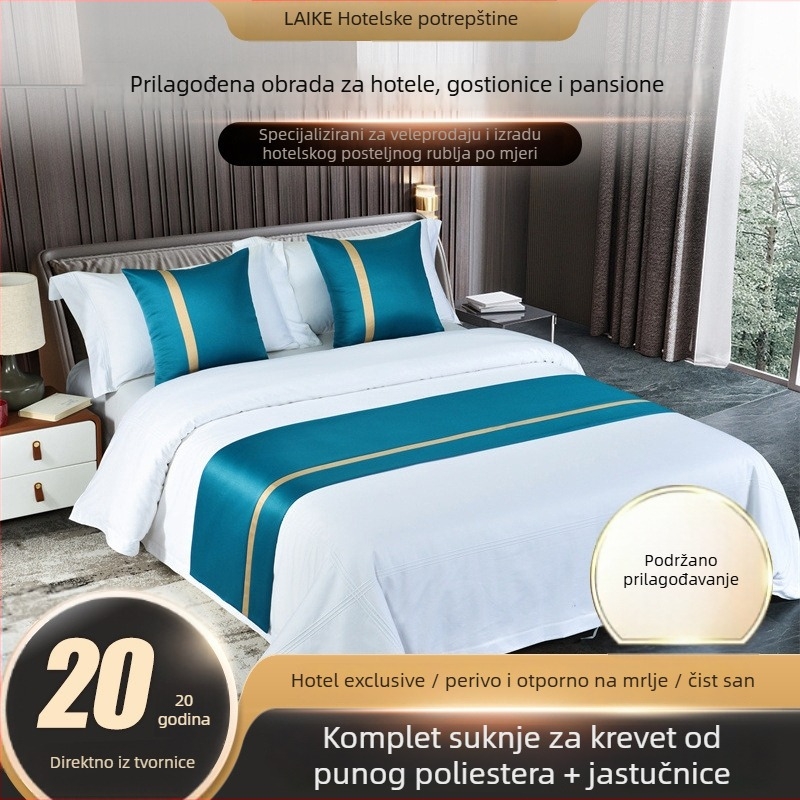 Poliesterski saten – svilenkasto mekan i skladno drapiran, umetci u bojama za hotele, gostinjice i B&B; posteljne ručnike uz nožni dio kreveta i dekorativne zastavice za krevet