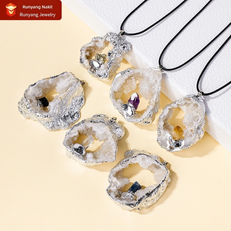 Runyangshi kristalni privjesak za lanac s prirodnim ahatom i srebrnim rubom