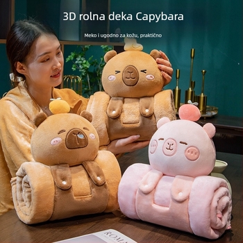 Crtić Kapibara rolna deka s jastukom, 3D flanel deka za uredske odmore, sklopiva, za žene