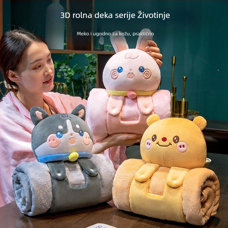 Crtić Kapibara rolna deka s jastukom, 3D flanel deka za uredske odmore, sklopiva, za žene