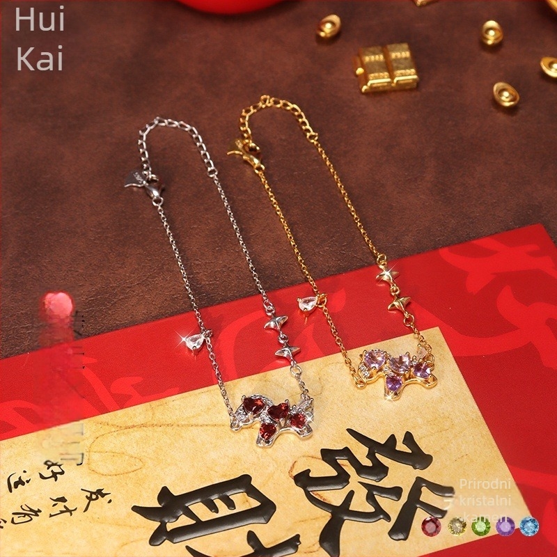 Hui Kai Ženski narukvica od srebra 925 s prirodnim kristalom, motiv zodijaka konj, srcolni granat 4 mm i kruškolik oblik 3x4 mm, kristalna ugradnja