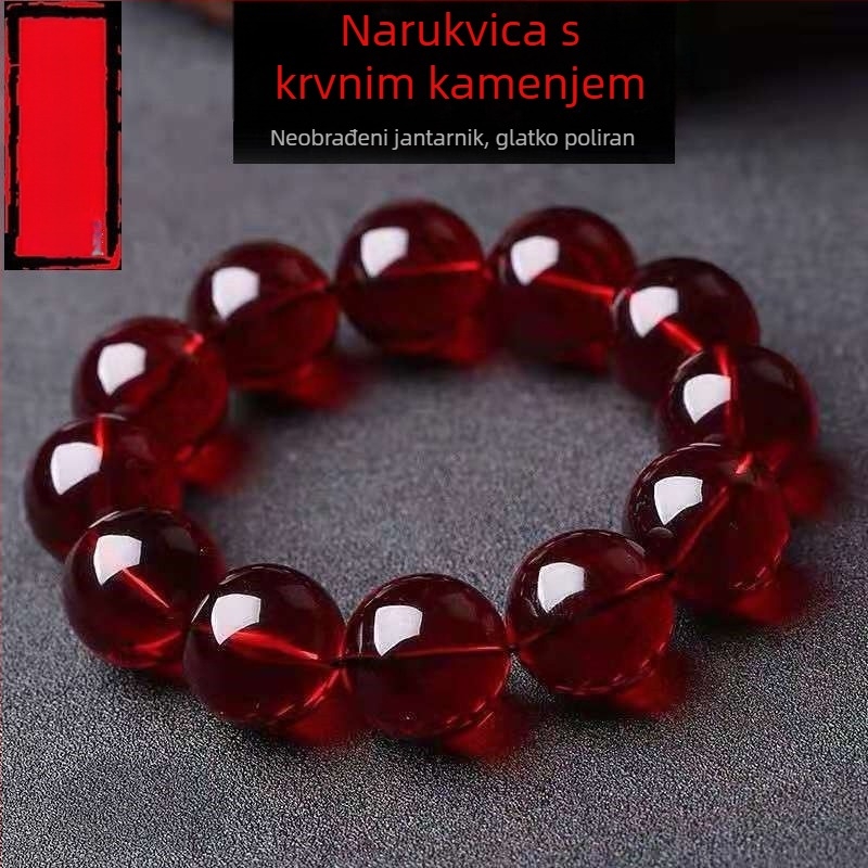 Ručno izrađena unisex narukvica od jantara s krvavim jantarskim okruglim perlicama, proljeće 2023