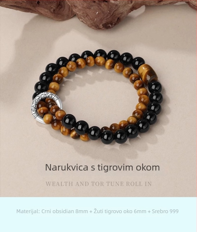 Narukvica od obsidijana s dvostrukim slojem perlica za žene, ručna izrada u starinskom stilu