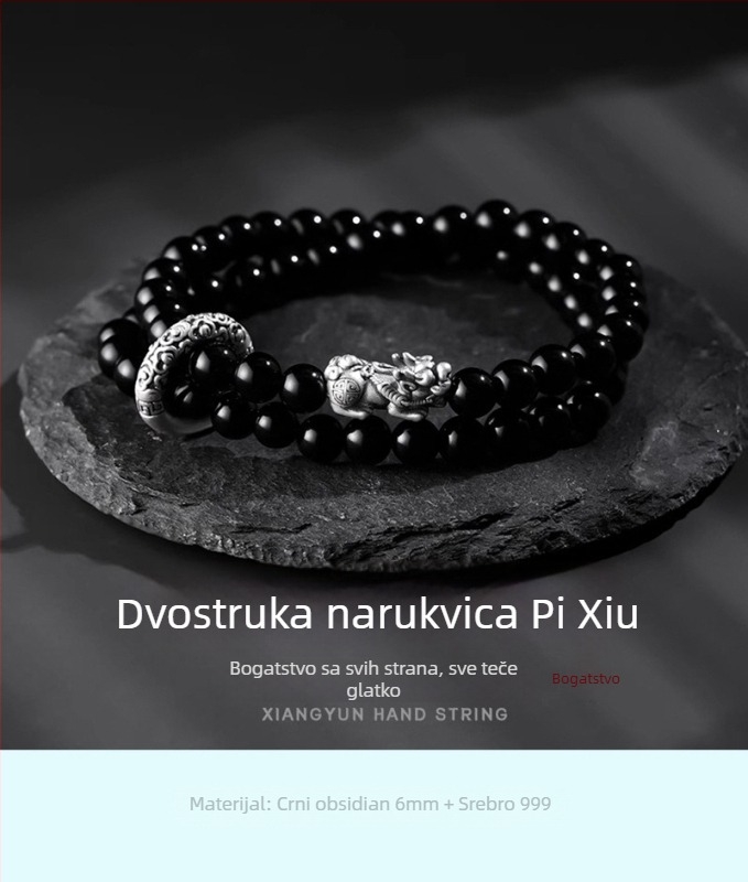 Narukvica od obsidijana s dvostrukim slojem perlica za žene, ručna izrada u starinskom stilu