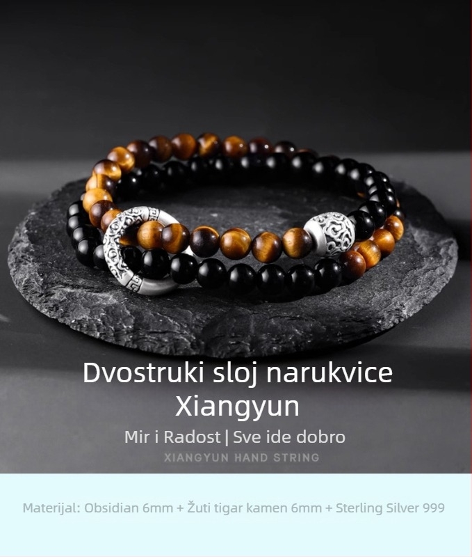 Narukvica od obsidijana s dvostrukim slojem perlica za žene, ručna izrada u starinskom stilu