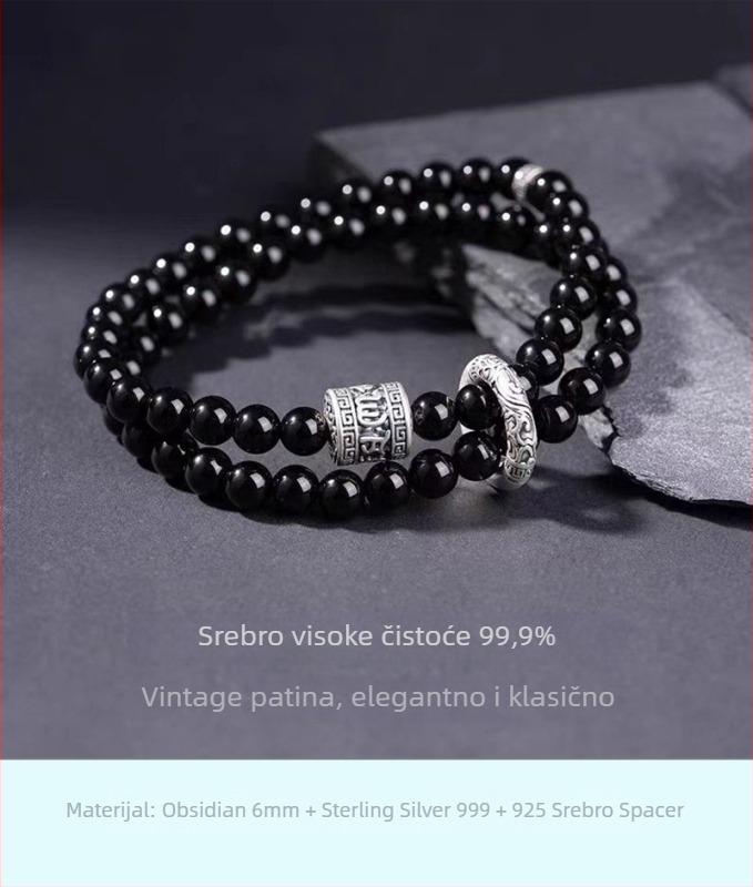 Narukvica od obsidijana s dvostrukim slojem perlica za žene, ručna izrada u starinskom stilu