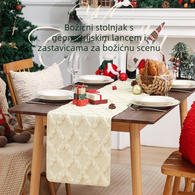 Stolni runner s plišastom prešivanom tkaninom, mrežasti geometrijski uzorak, 80% glavni materijal, 10% poliester; pogodan za dnevni boravak, spavaću sobu, radnu sobu i restoran (80% glavni materijal, 10% poliester, plišasti prešiv, mrežasti uzorak)