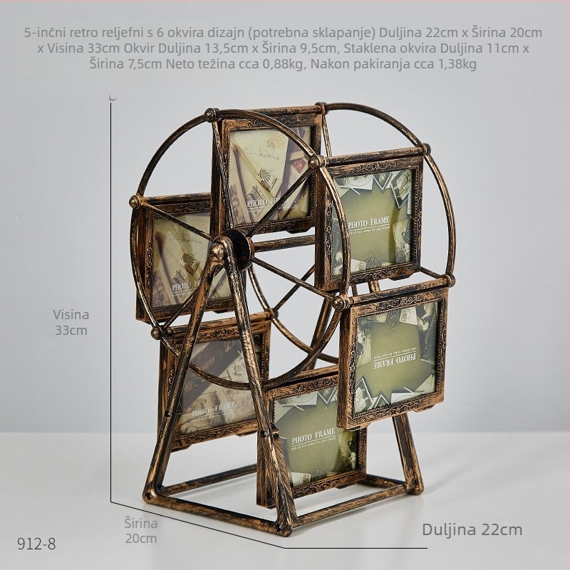 Foto okvir u obliku Ferris kola, plastika i staklo, francuski retro stil, stolna dekoracija.